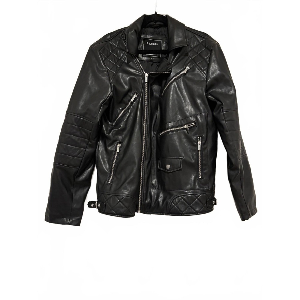 Reason sz M black biker faux leather jacket with multiple zippers